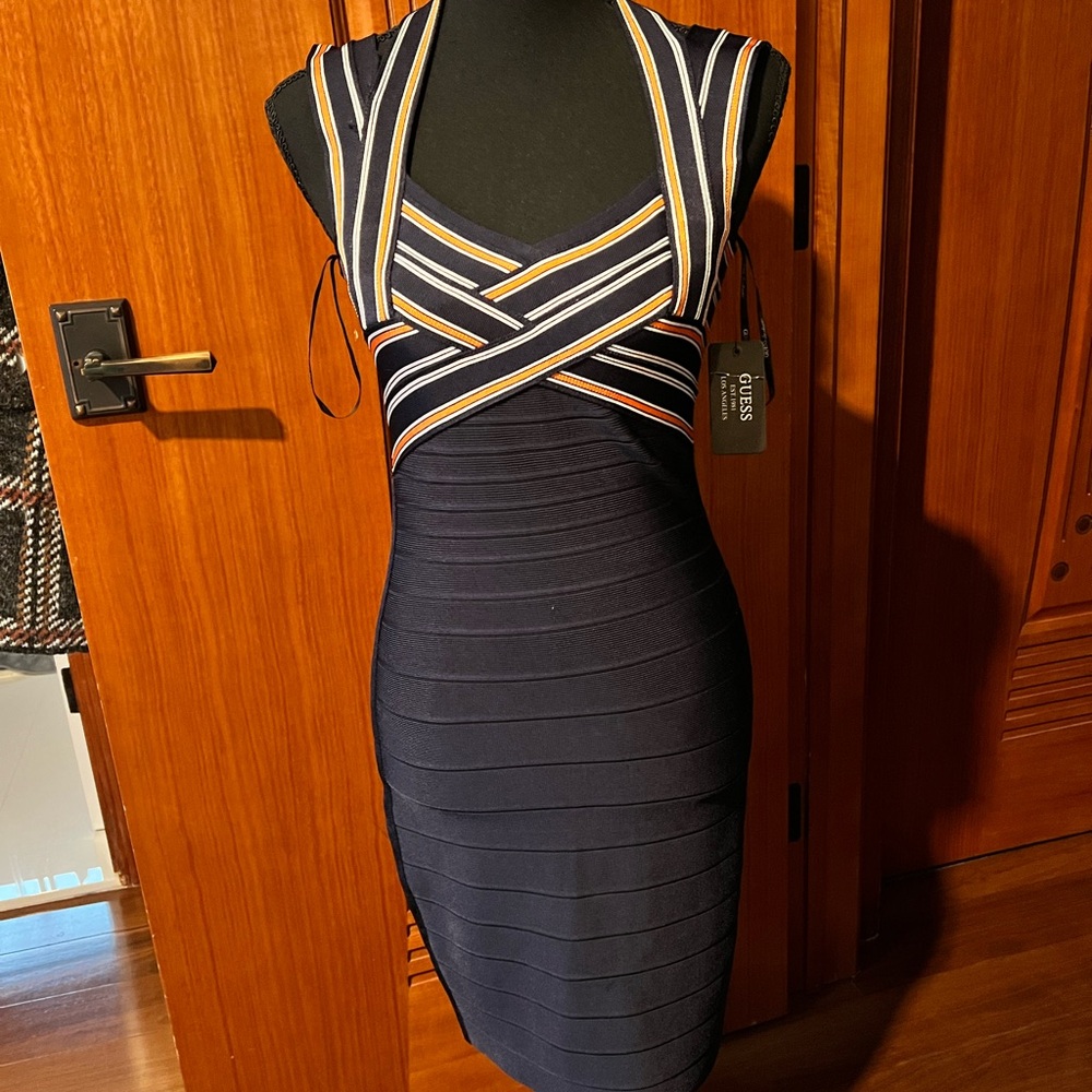 Guess size S Navy with Orange and white stripes dress.  New w/ tags